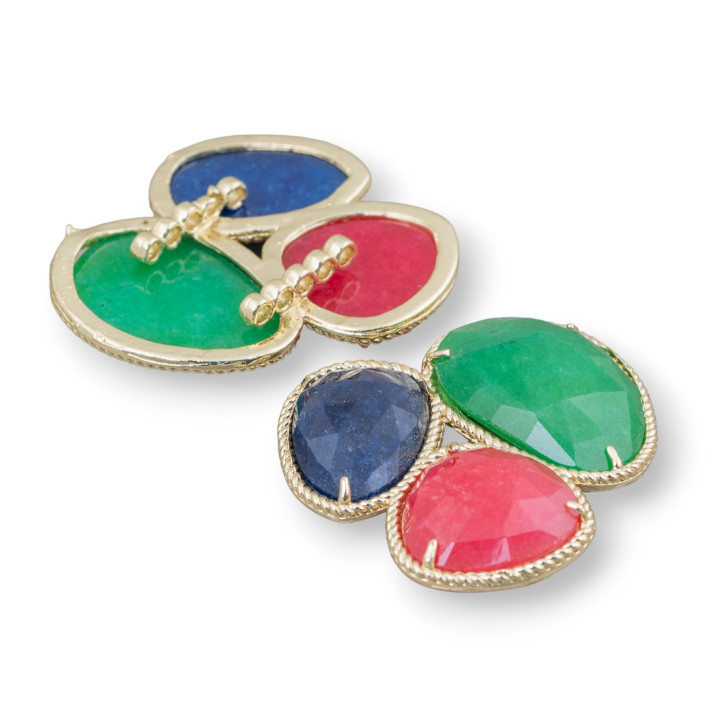 Componente Centrale Di Pietre Dure A 3 Pezzi Con Base Di Ottone 42x45mm 1pz Dorato Verde, Rosso, Blu