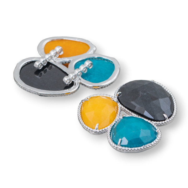3-Piece Semi-precious Stone Central Component With Brass Base 42x45mm Rhodium-Plated Black, Teal, Yellow
