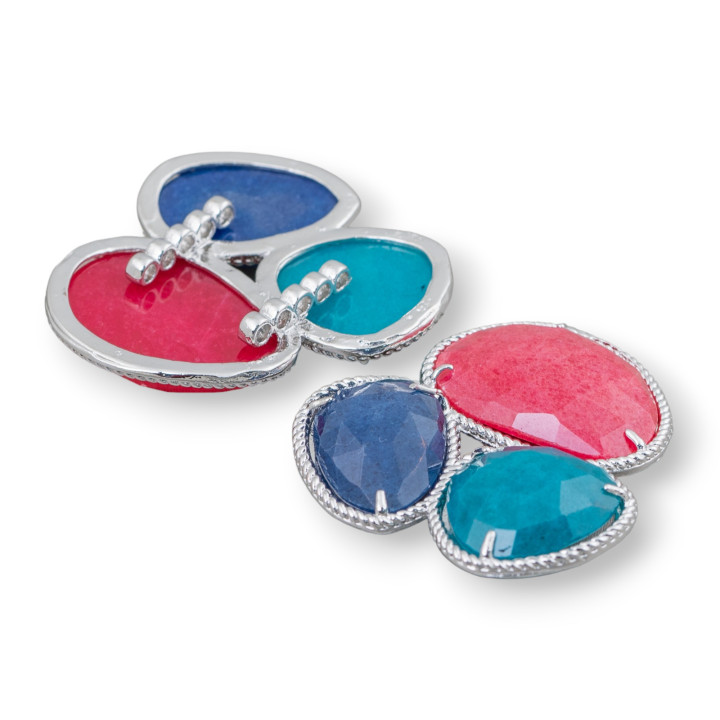 Composant central de 3 pièces pierres dures avec base en laiton 42x45mm plaqué rhodium rouge, bleu sarcelle, bleu