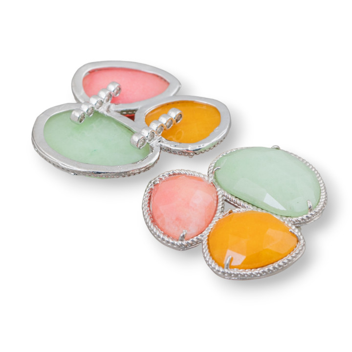 Composant central de 3 pierres précieuses avec base en laiton 42x45 mm plaqué rhodium vert clair, jaune, pêche