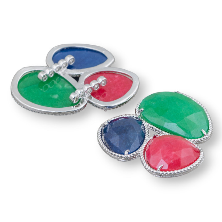 Composant central de pierres dures 3 pièces avec base en laiton 42x45mm rhodié vert, rouge, bleu