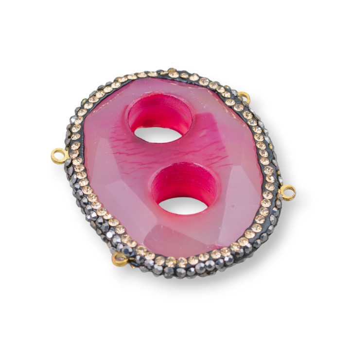 Componente Central De Piedras Duras Con Marcasita Strass 40x34mm Agata Fucsia Claro