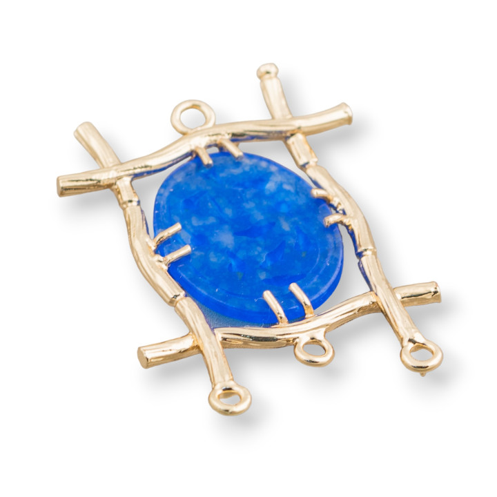Connettore Componente Cabochon Incastonato Di Giada Burma Ovale 28x38mm 10pz Dorato Blu