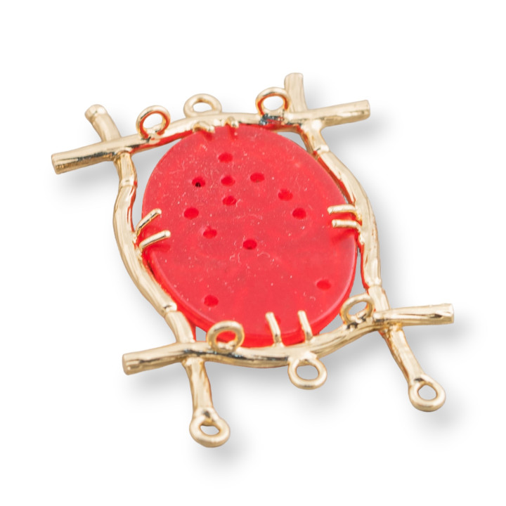 Connettore Componente Cabochon Incastonato Di Giada Burma Ovale 30x47mm 8pz Dorato Rosso
