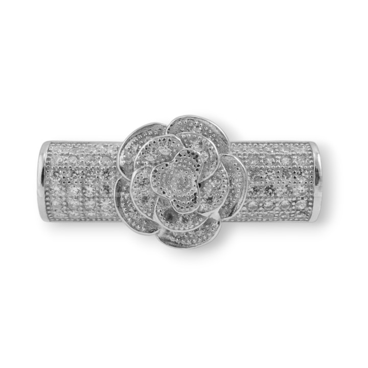 Connector Component Of 925 Silver Tube With Flower And Zircons 07x24mm 1pc Rhodium Plated