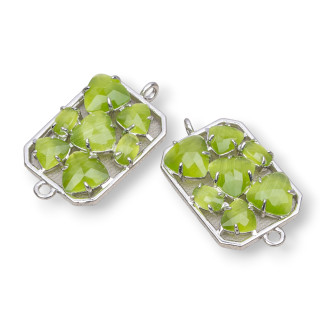 Rectangle Brass Component Connector with Cat's Eye Embedded 17x24mm 6pcs Acid Green Rhodium Plated