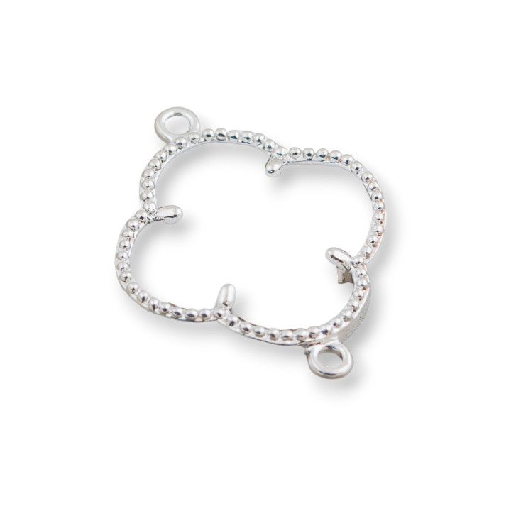 Verbindungsstück aus Messing mit Katzenauge-Kristallen, vierblättriges Kleeblatt, 20 x 28 mm, 10 Stück, Rhodium-weißer Achat