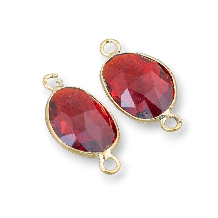 Brass Component Connector with Irregular Crystals Set with 2 Rings 13x18mm 10pcs Golden Red