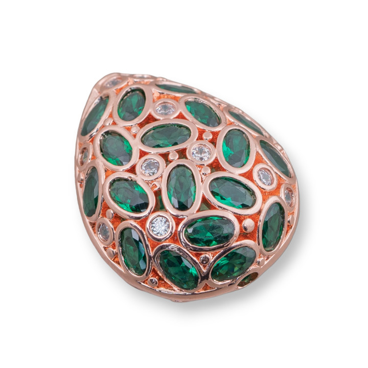 Entretoise Composant Bronze Avec Zircon Ensemble Mosaïque Goutte 20x25mm 2pcs Or Rose Émeraude