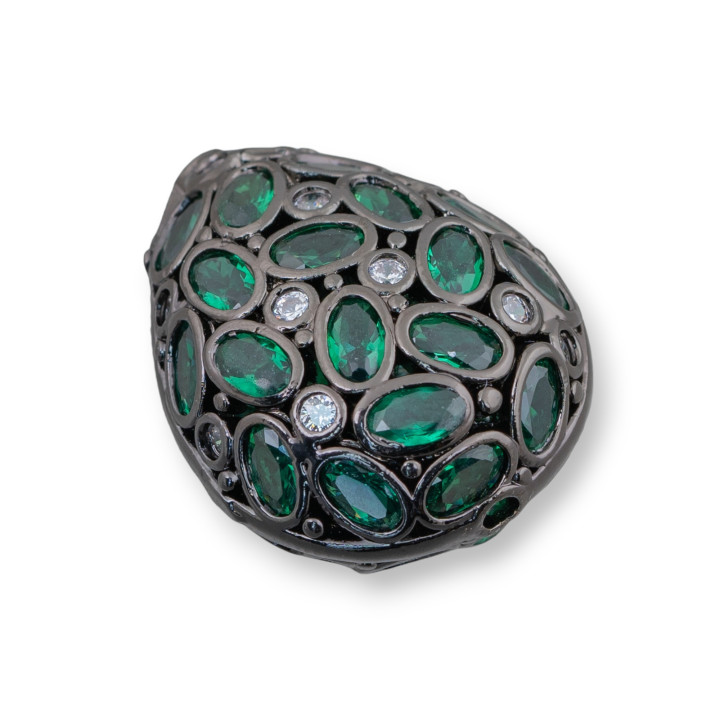 Bronze Component Spacer With Zircon Set Mosaic Drop 20x25mm 2pcs Ruthenium Emerald