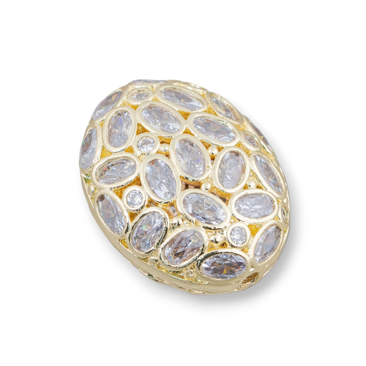Entretoise Composant Bronze Avec Ovale Mosaïque Incrustée De Zircon 17x22mm 6pcs Blanc Doré