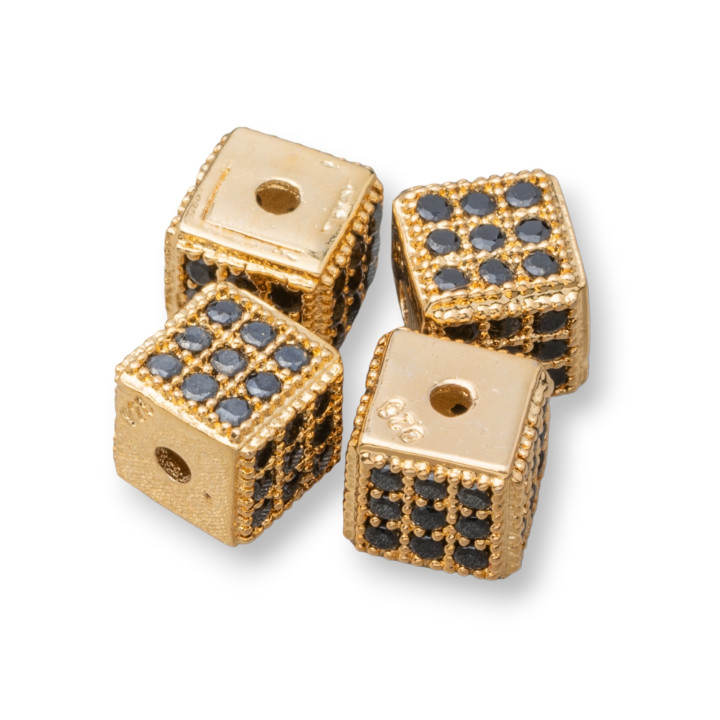925 Silver Spacer Cube 5.5mm Small Hole Golden With Black Zircons 8pcs