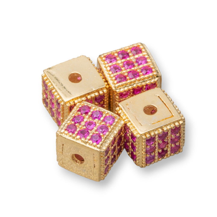 925 Silver Spacer Cube 5.5mm Small Hole Golden With Ruby Zircons 8pcs