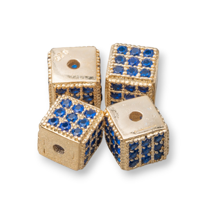 925 Silver Spacer Cube 5.5mm Small Hole Golden with Sapphire Zircons 8pcs