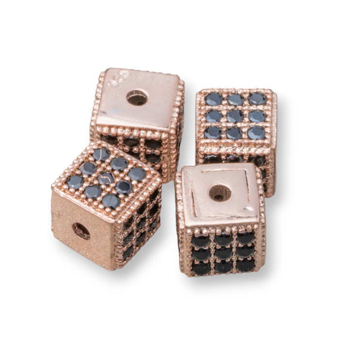 925 Silver Spacer Cube 5.5mm Small Hole Rose Gold With Black Zircons 8pcs
