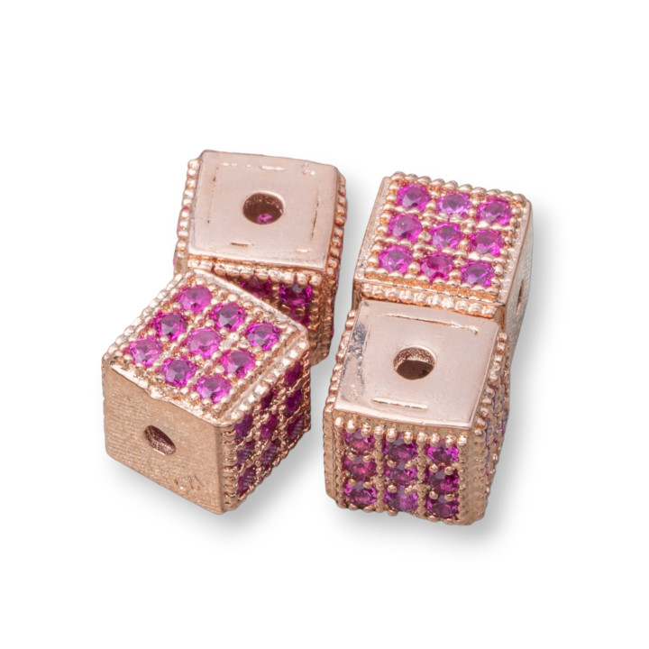 Distanziatore Di Argento 925 Cubo 5,5mm Foro Piccolo Oro Rosa Con Zirconi Ruby 8pz