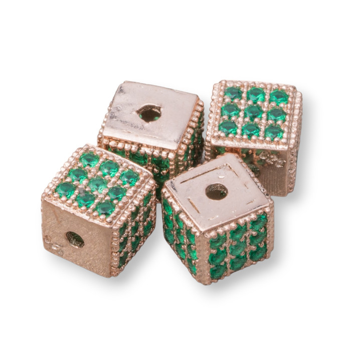 Plata 925 Espaciador Cubo de 5,5 mm Agujero pequeño Oro rosa con circonitas esmeralda 8 piezas