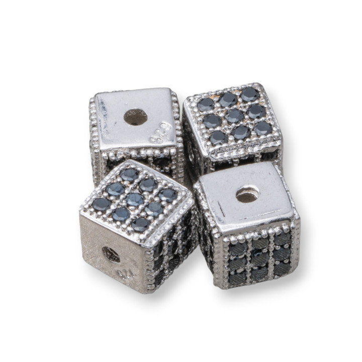 Cube en argent sterling 925 5,5 mm petit trou plaqué rhodium avec zircons noirs 8 pièces