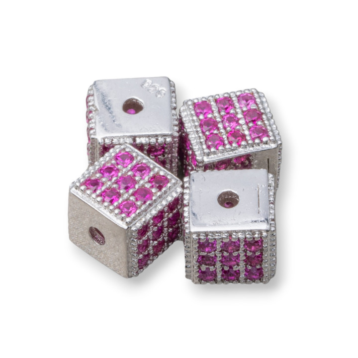 925 Sterling Silver Cube 5.5mm Petit Trou Rhodium Entretoise Avec Ruby Zircons 8pcs