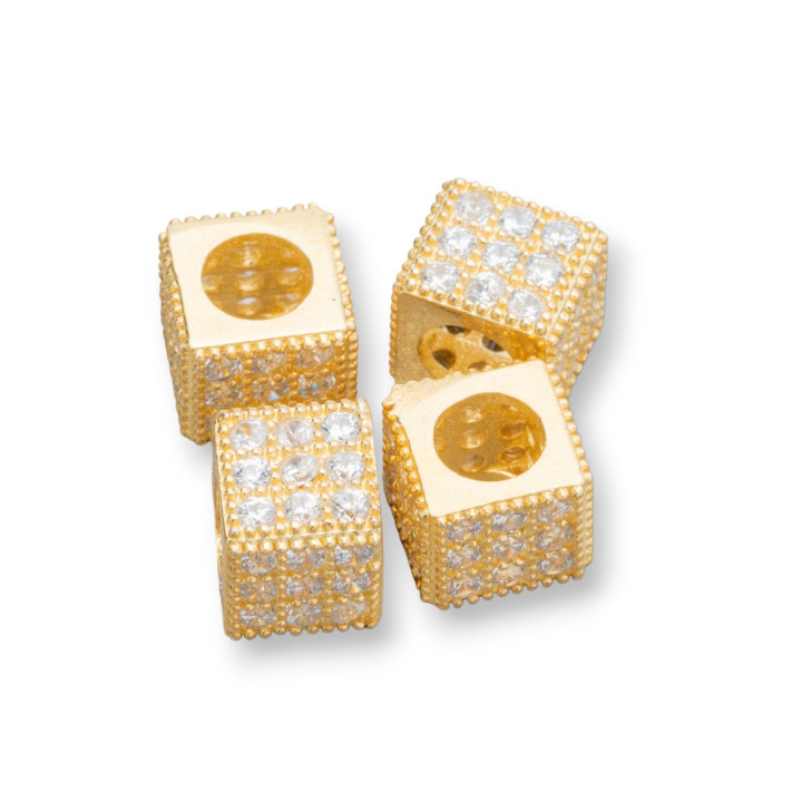 Distanziatore Di Argento 925 Cubo 6mm Foro Largo da 3,8mm Dorato Con Zirconi Bianchi 10pz