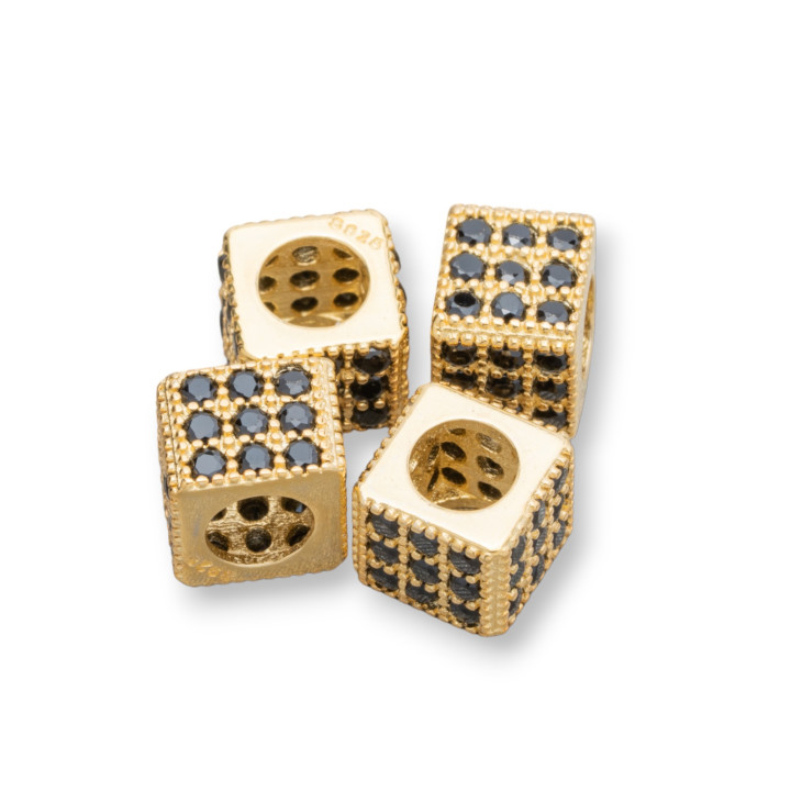 925 Silver Spacer Cube 6mm Wide Hole 3.8mm Golden with Black Zircons 10pcs