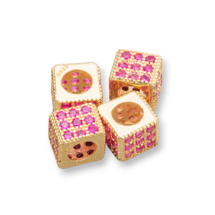 925 Sterling Silver Spacer 6mm Large Trou 3.8mm Cube Doré Avec Ruby Zircons 10pcs