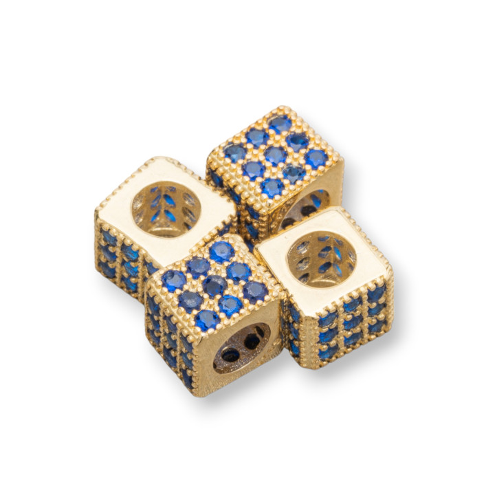 925 Silver Spacer Cube 6mm Ευρεία τρύπα 3,8mm Χρυσό με Ζαφείρι Ζιργκόν 10τμχ
