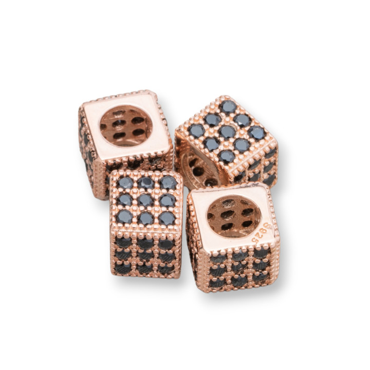 925 Silver Spacer Cube 6mm Wide Hole 3.8mm Rose Gold With Black Zircons 10pcs