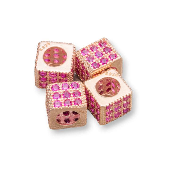 925 Silver Spacer Cube 6mm Wide Hole 3.8mm Rose Gold with Ruby Zircons 10pcs