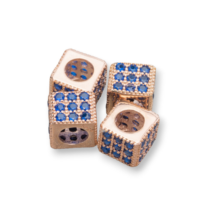 Espaciador de plata de ley 925, agujero de 6 mm de ancho, cubo de 3,8 mm, oro rosa con zirconia, zafiro, 10 unidades.