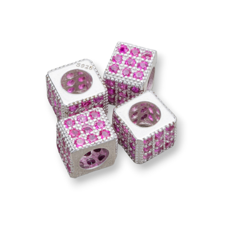 Cubo espaciador de plata de ley 925, 6 mm de ancho, agujero de 3,8 mm, rodio con circonitas de rubí, 10 unidades.
