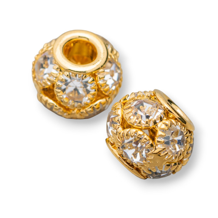 Distanziatore Palline Di Ottone E Strass 14mm Foro Largo 28pz Bianco Dorato