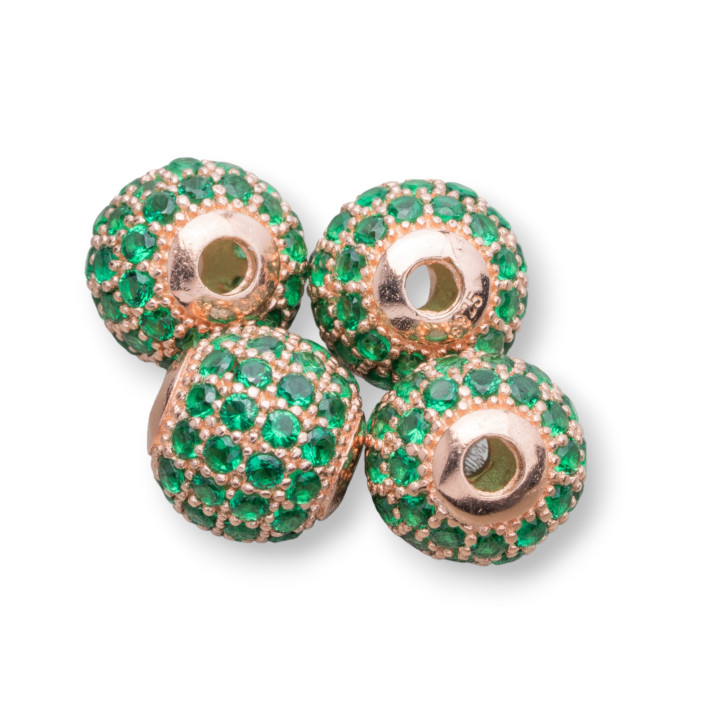 925 Silver Spacer Balls 06mm Rose Gold With Emerald Zircons 8pcs Lightweight