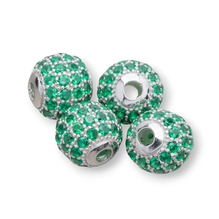 Distanziatore Di Argento 925 Palline Zirconate 10mm 4pz Rodiato Verde Smeraldo