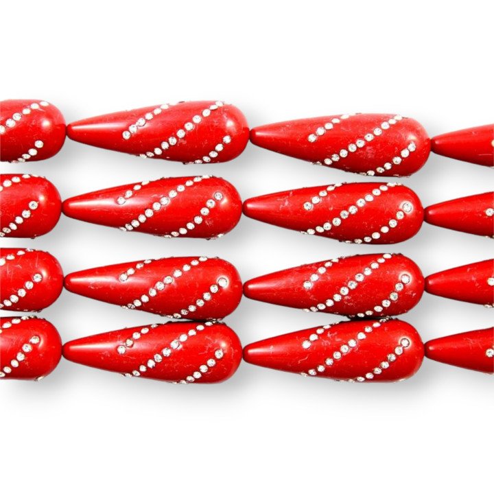 Drop 2 Holes With Rhinestones 15x40mm Red Coral Paste 10pcs