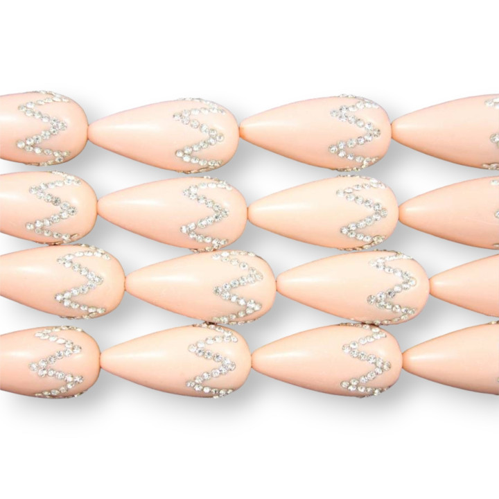 Goccia 2 Fori Con Strass 16x30mm Pasta Di Corallo Rosa 13pz