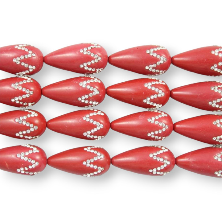 Goutte 2 Trous Avec Strass 16x30mm Pâte De Corail Rouge 13pcs