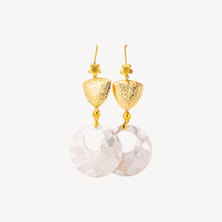 Boucles D'oreilles Crochet En Bronze Doré Avec Nacre Mosaïque Ronde Perforée