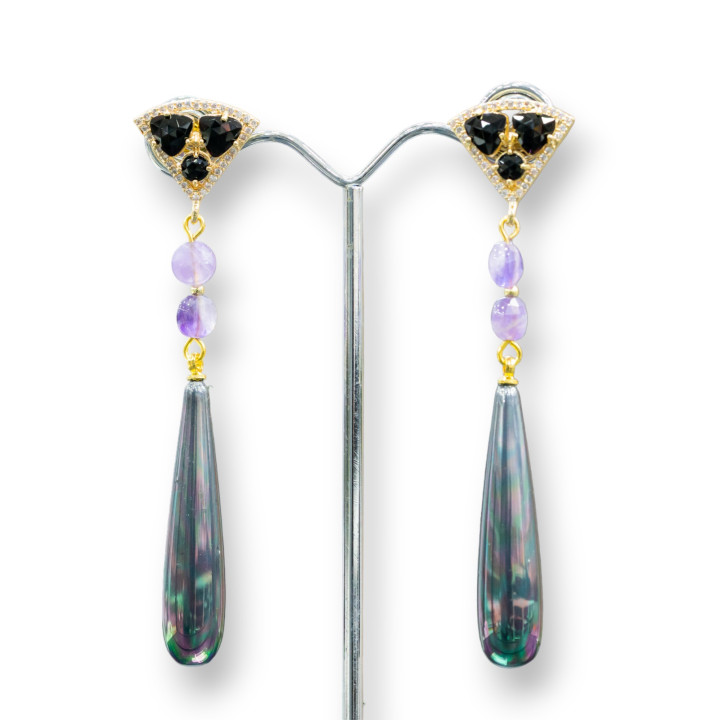 Bronze Stud Earrings With Cat's Eye And Zircons With Machine Cut Pendant And Drops Of Majorcan Pearls 18x80mm