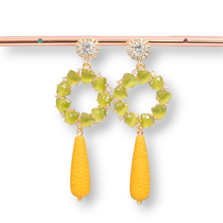 Ορειχάλκινα καρφωτά σκουλαρίκια με ανοιχτόχρωμο σημείο και ενσωματωμένες σταγόνες ματιού γάτας και ρητίνης 25x72 mm κιτρινοπράσι