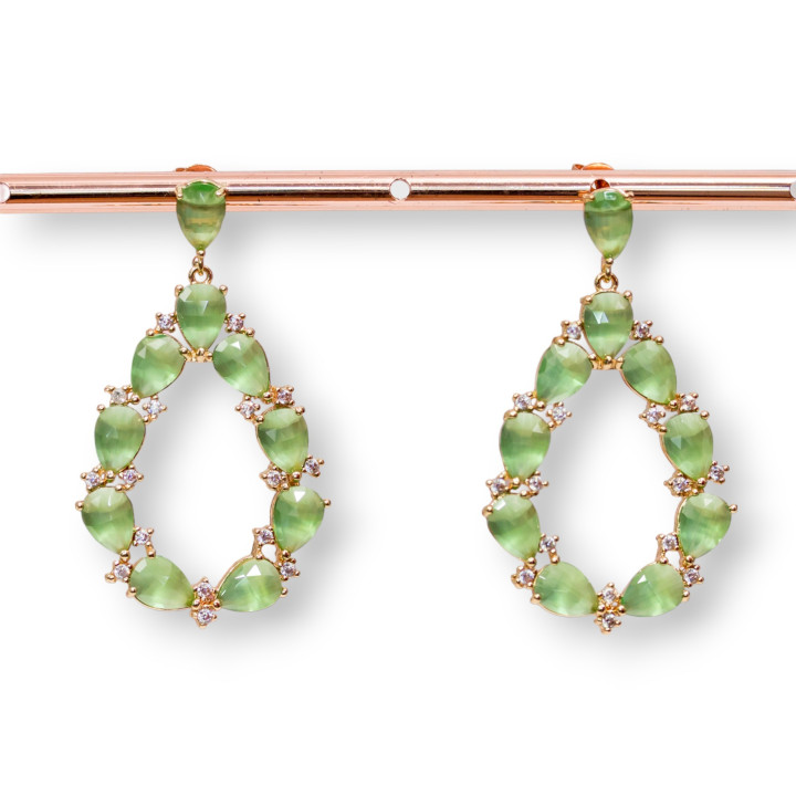 Aretes De Ojo De Gato De Bronce En Juego De Gotas Con Circonitas 25.5x44mm Dorado Verde Claro