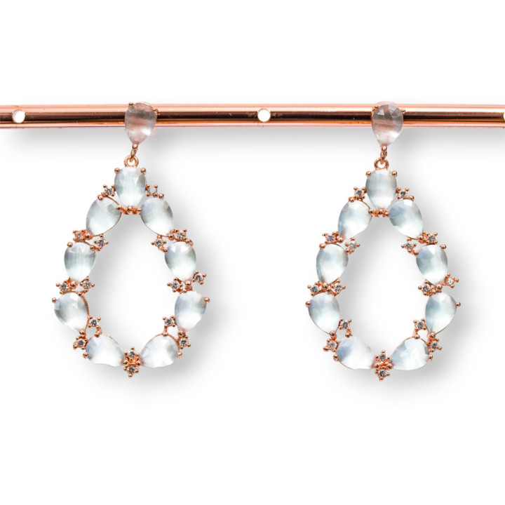 Χάλκινα καρφωτά σκουλαρίκια με Cat's Eye Set Drop With Zircons 25,5x44mm Rose Gold Water