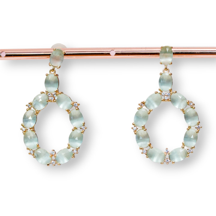 Aretes Ojo de Gato de Bronce Ovalados con Circonitas 25.5x42mm Verde Azulado Dorado