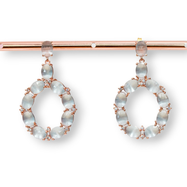 Orecchini Di Bronzo A Perno Con Occhio Di Gatto Incastonato Ovale Con Zirconi 25,5x42mm Oro Rosa Verde Acqua