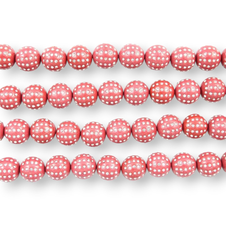 Palline 2 Fori Con Strass Tondo Liscio 14mm Pasta Di Corallo Rosso 1 Filo