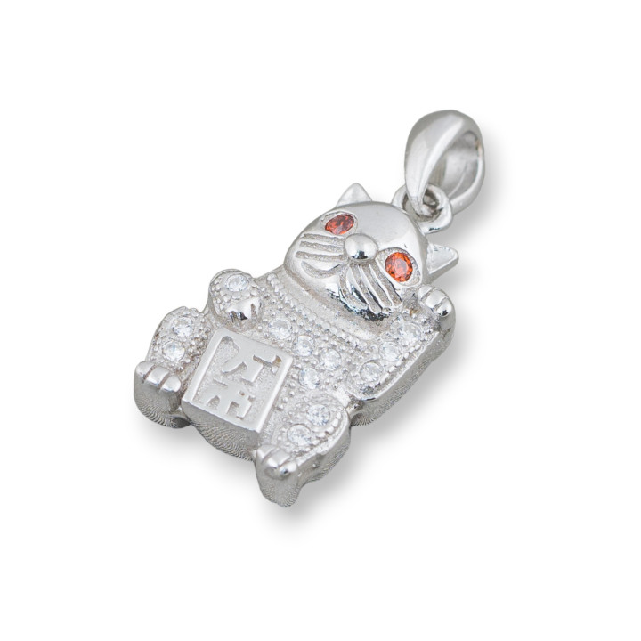 Pendant Pendant Of 925 Silver With Zircons Lucky Cat 10x23mm 2pcs Rhodium Plated