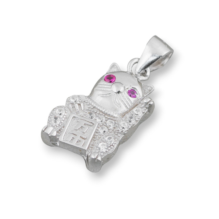 Pendentif en Argent 925 avec Zircons Lucky Cat 10x23mm 2pcs Rubis Rhodié