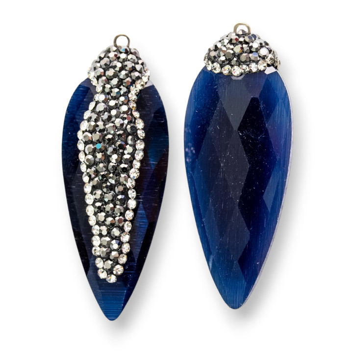 Pendentifs Œil de Chat Avec Marcassite 17x42mm 8pcs Blanc et Bleu Foncé