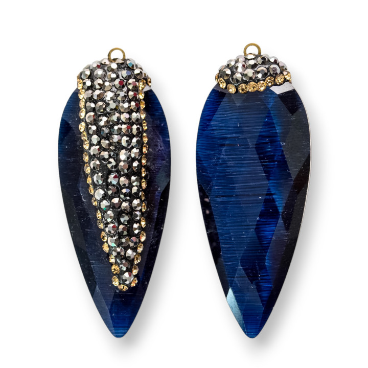 Cat Eye Anhänger mit Markasit 17x42mm 8Stk Gold und Dunkelblau