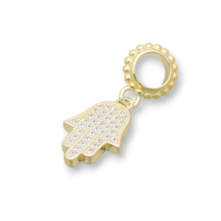 Pendentif Charms Argent 925 Trou Large Avec Zircons Main De Fatima 4pcs Doré